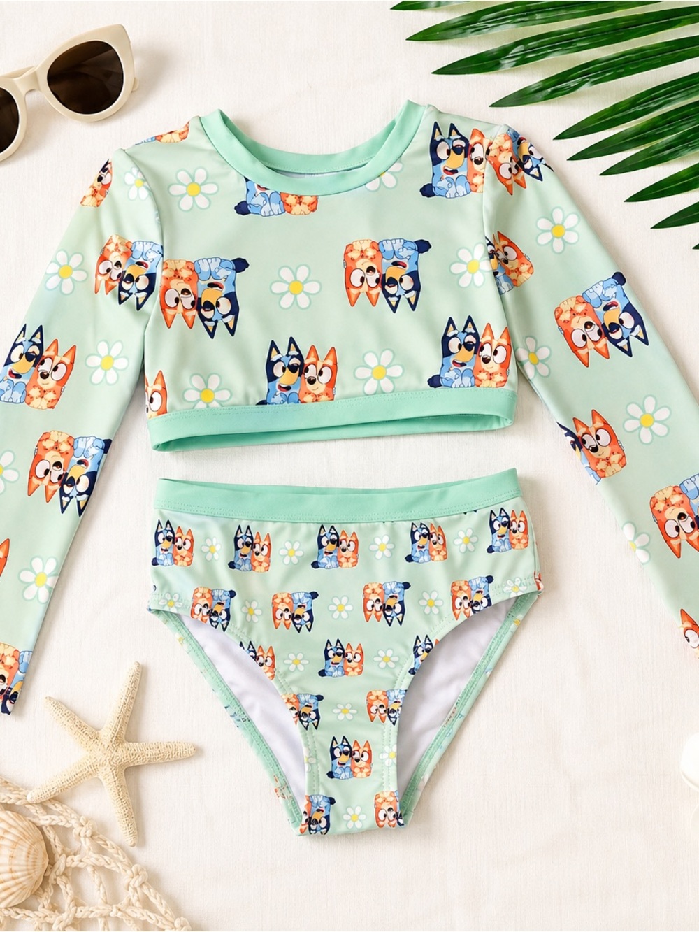 Bluey mint green long sleeve two piece swimsuit set / rashguard / girls 4t
